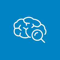 Fast Facts icon, brain with magnifying glass